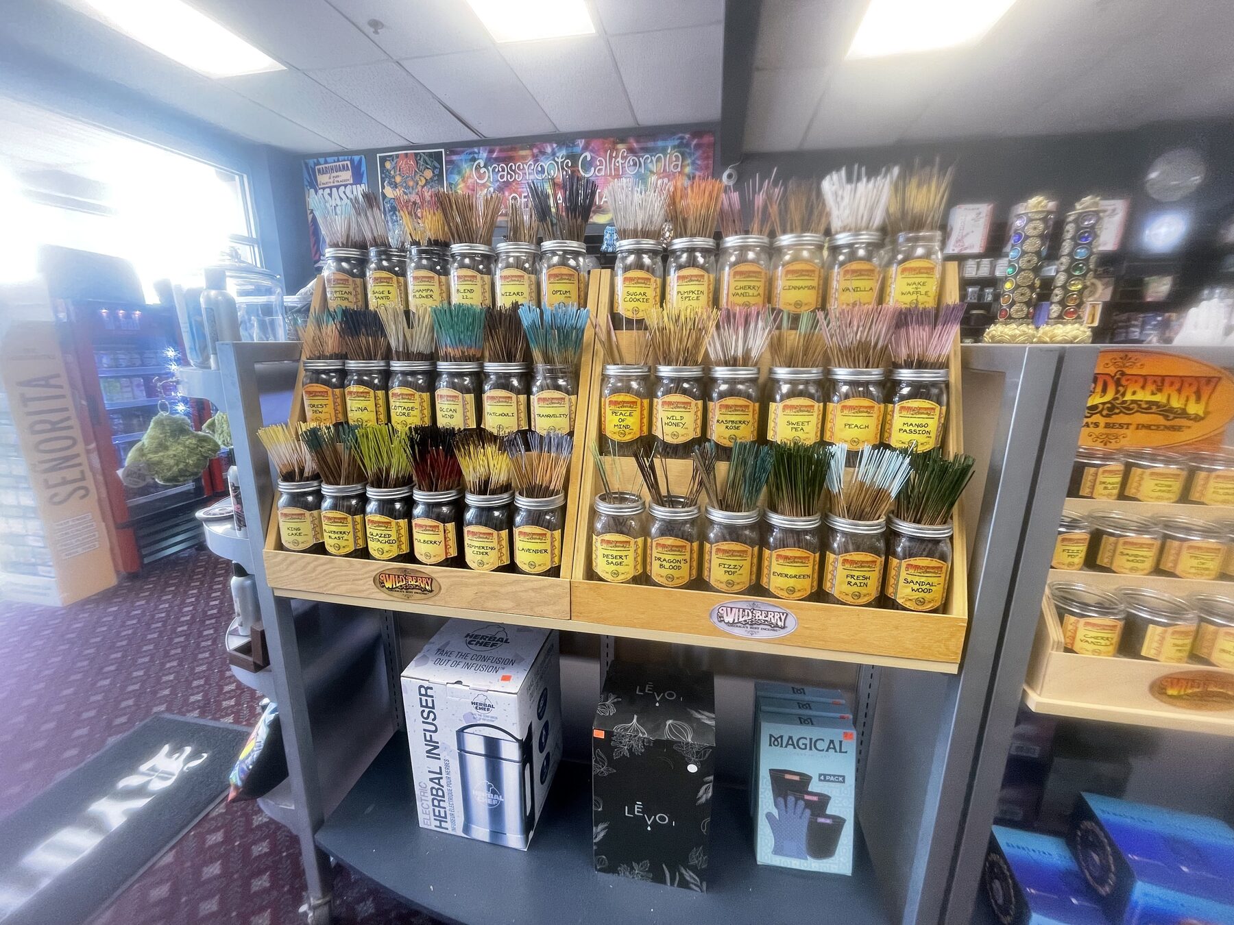 Bottled hemp-derived beverages arranged in a freestanding display
