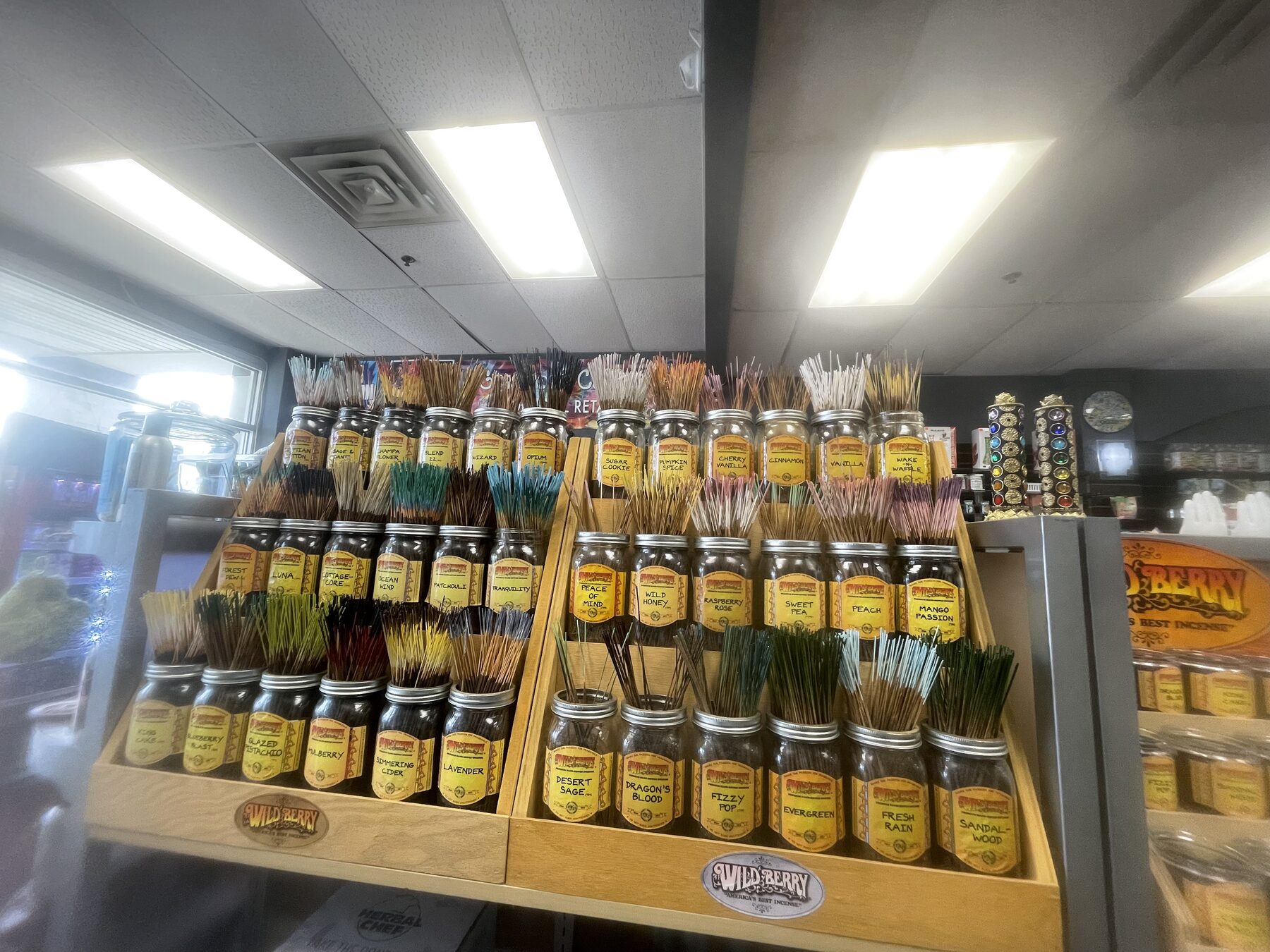 Rows of bottled beverages displayed near the front of the store