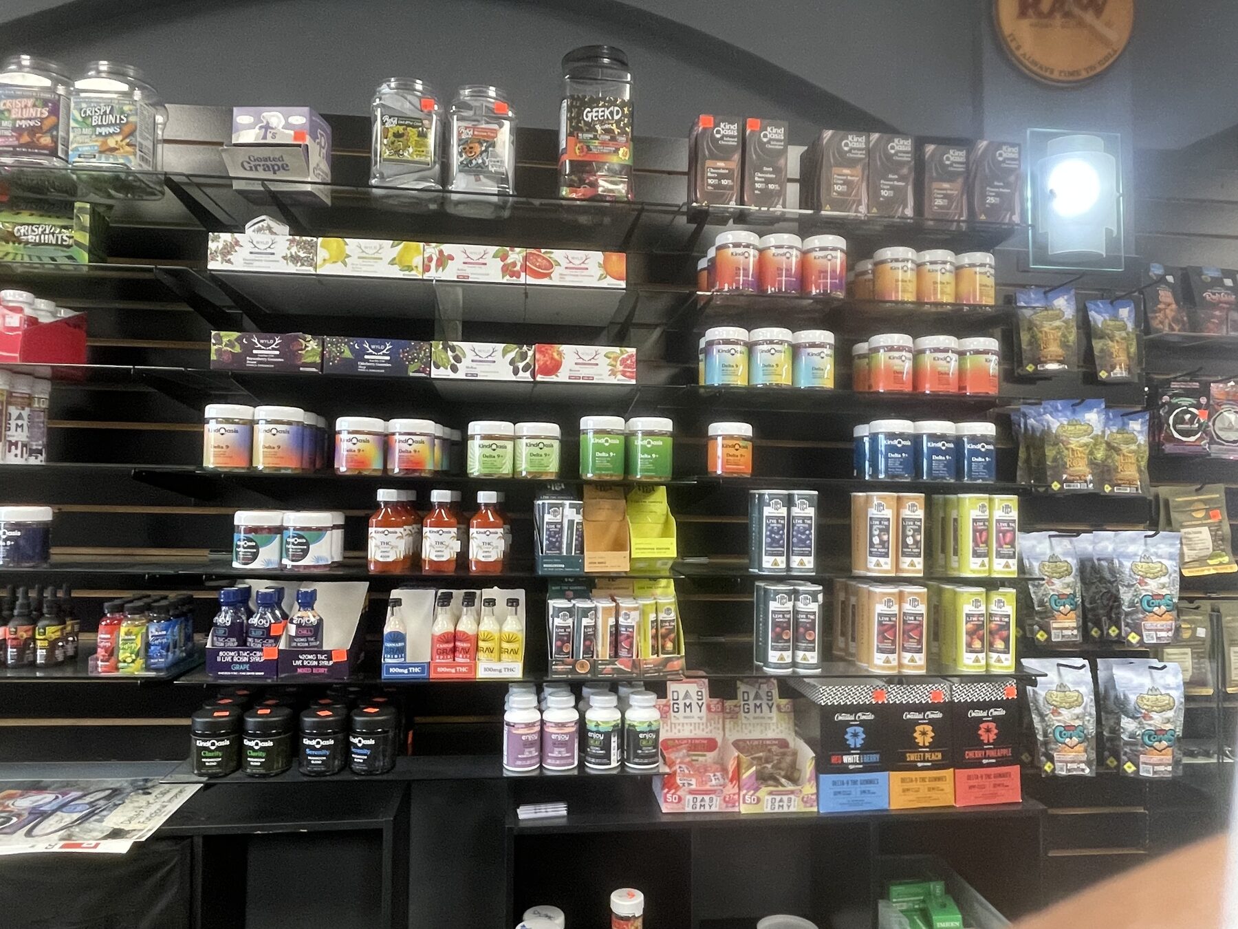 Colorful jars and packages of hemp-derived products on display